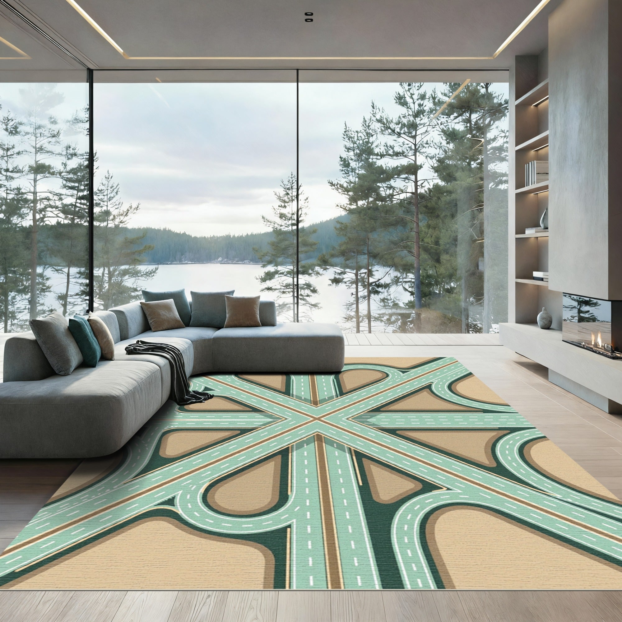 Modern Teal Geometric Intersection Rug