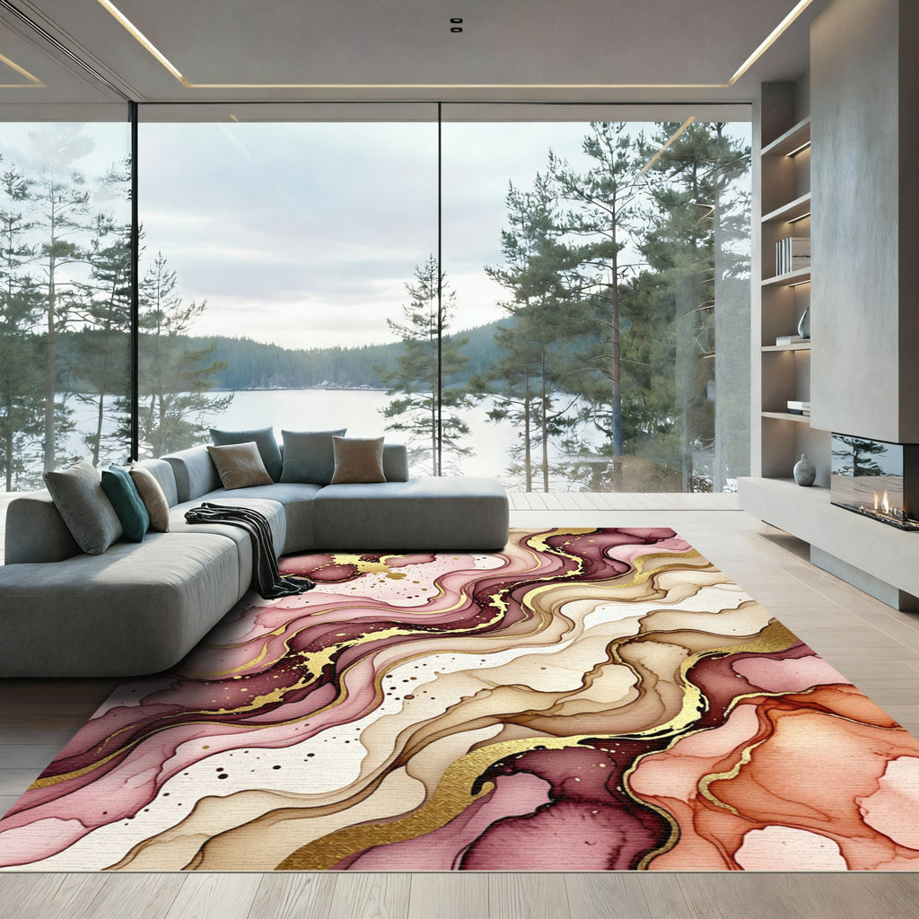 Abstract Burgundy Blush Gold Fluid Wave Rug