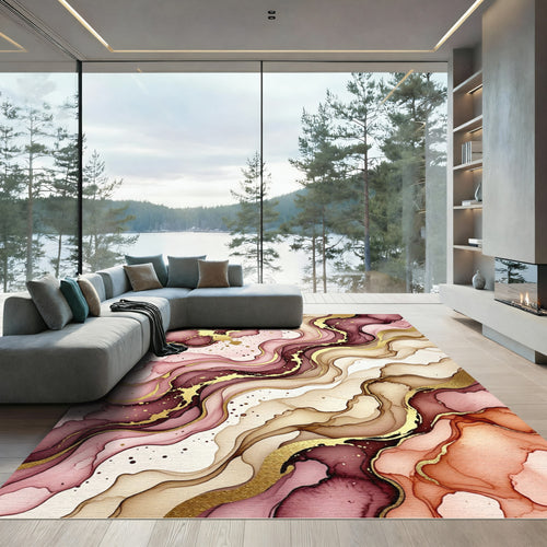 Abstract Burgundy Blush Gold Fluid Wave Rug