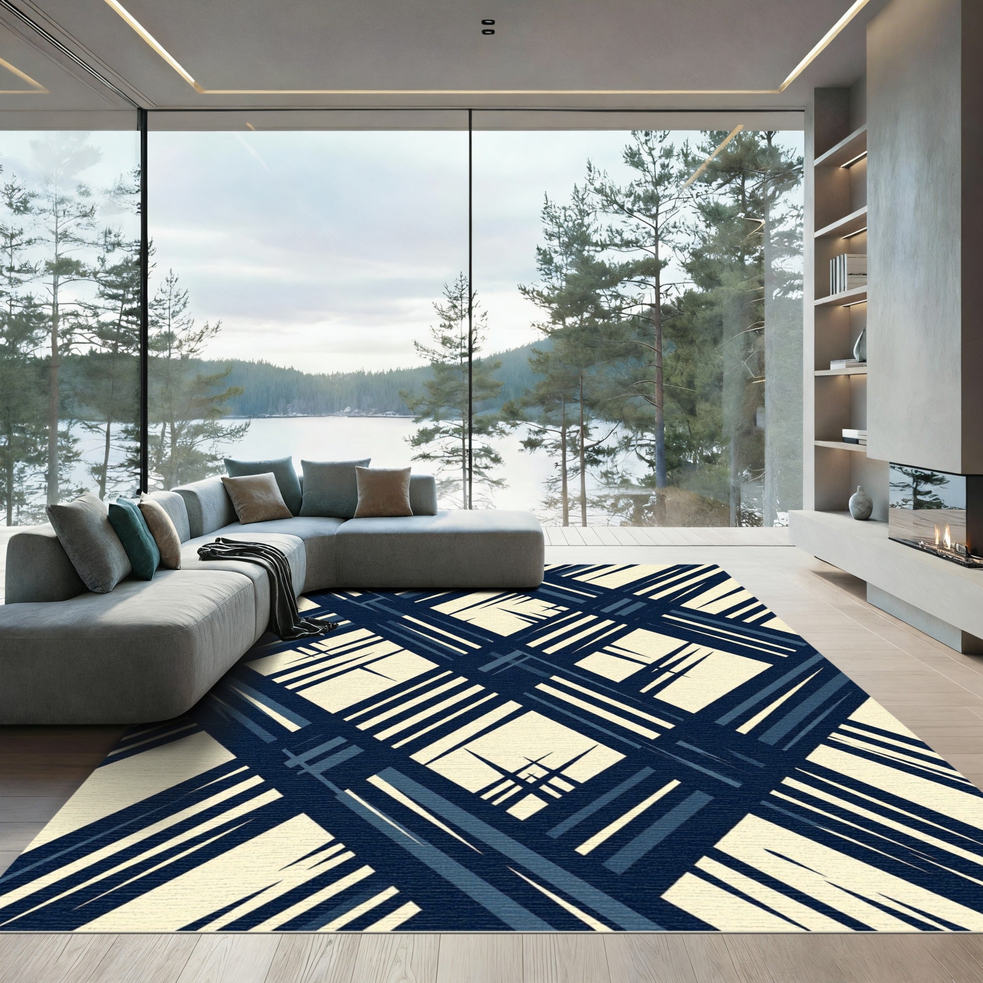 Midnight Navy Cream Angular Grid Rug