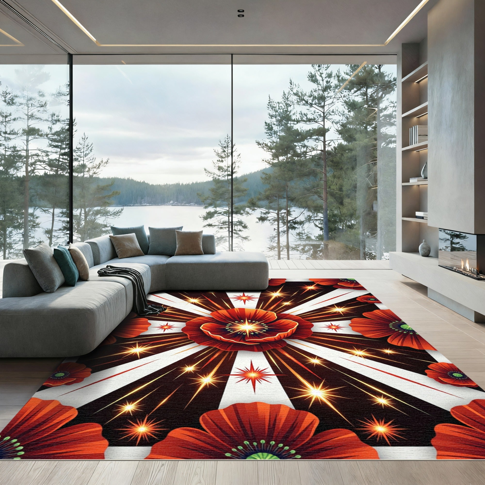 Radiant Red Poppy Bursting Fireworks Rug