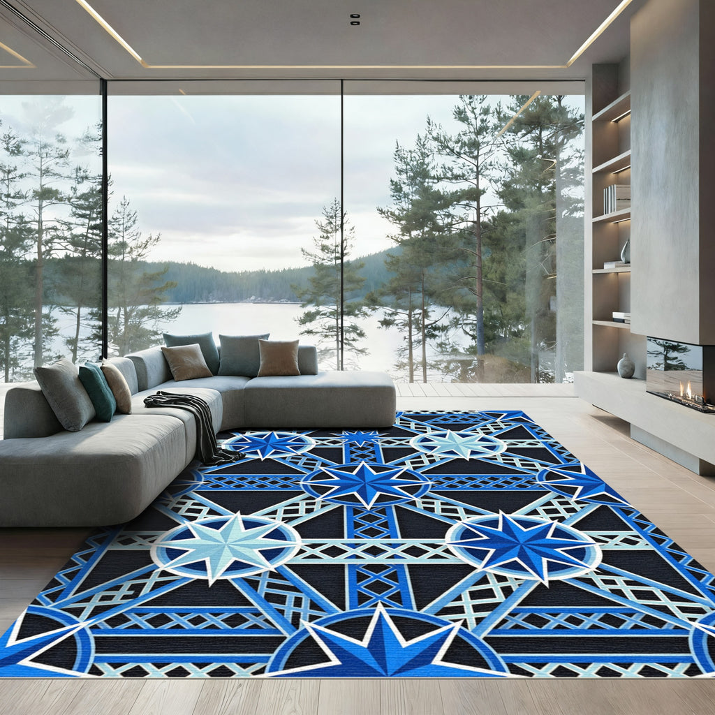 Geometric Starry Blue Lattice Art Rug
