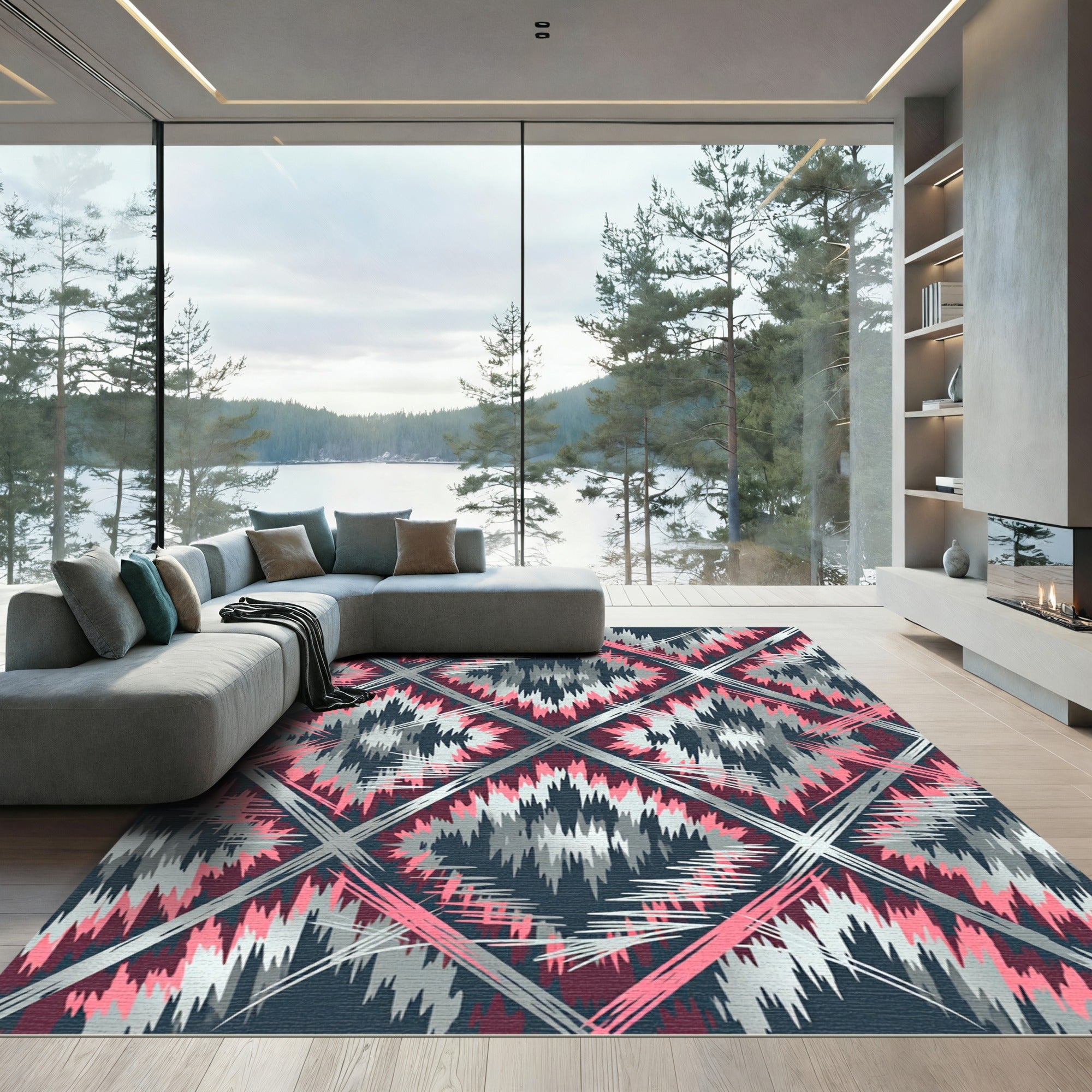 Pink and Gray Abstract Ikat Diamond Rug