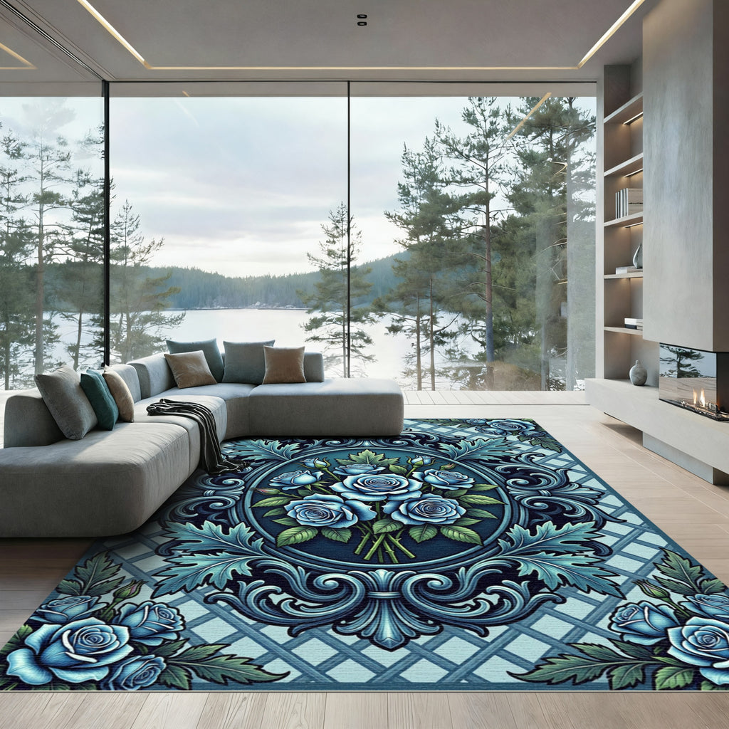 Elegant Sapphire Rose Baroque Medallion Rug
