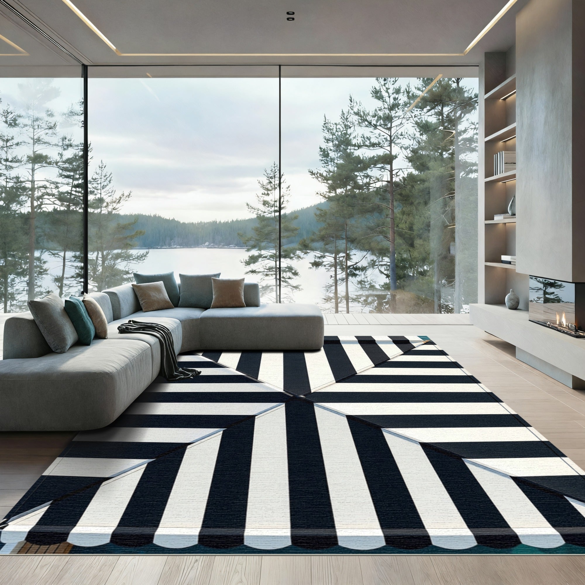 Bold Black White Stripe Geometric Rug