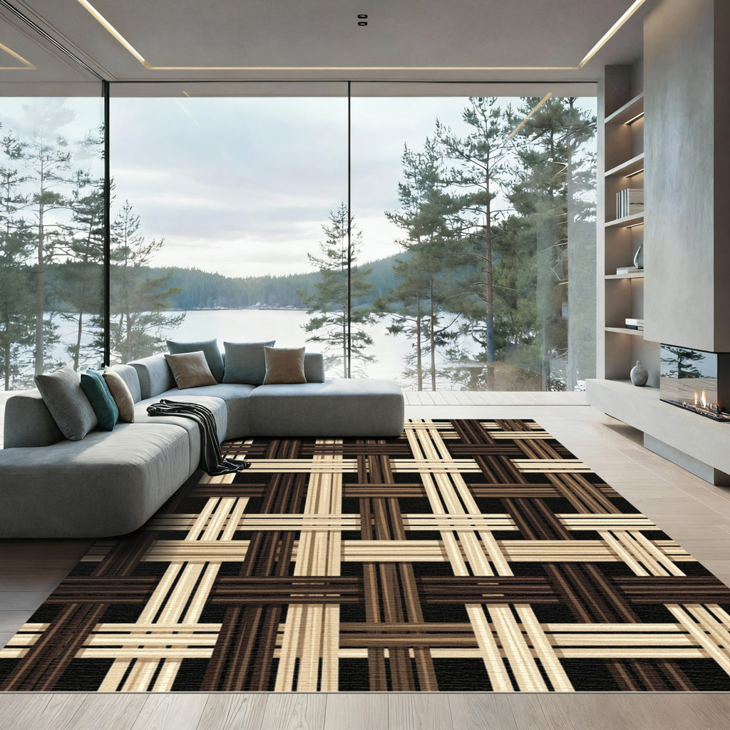 Woven Ochre Chocolate Grid Texture Rug