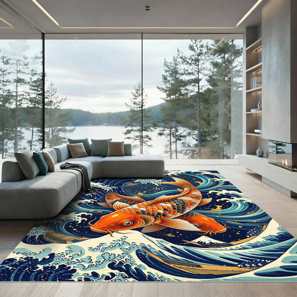 Orange Koi Fish Great Wave Art Rug