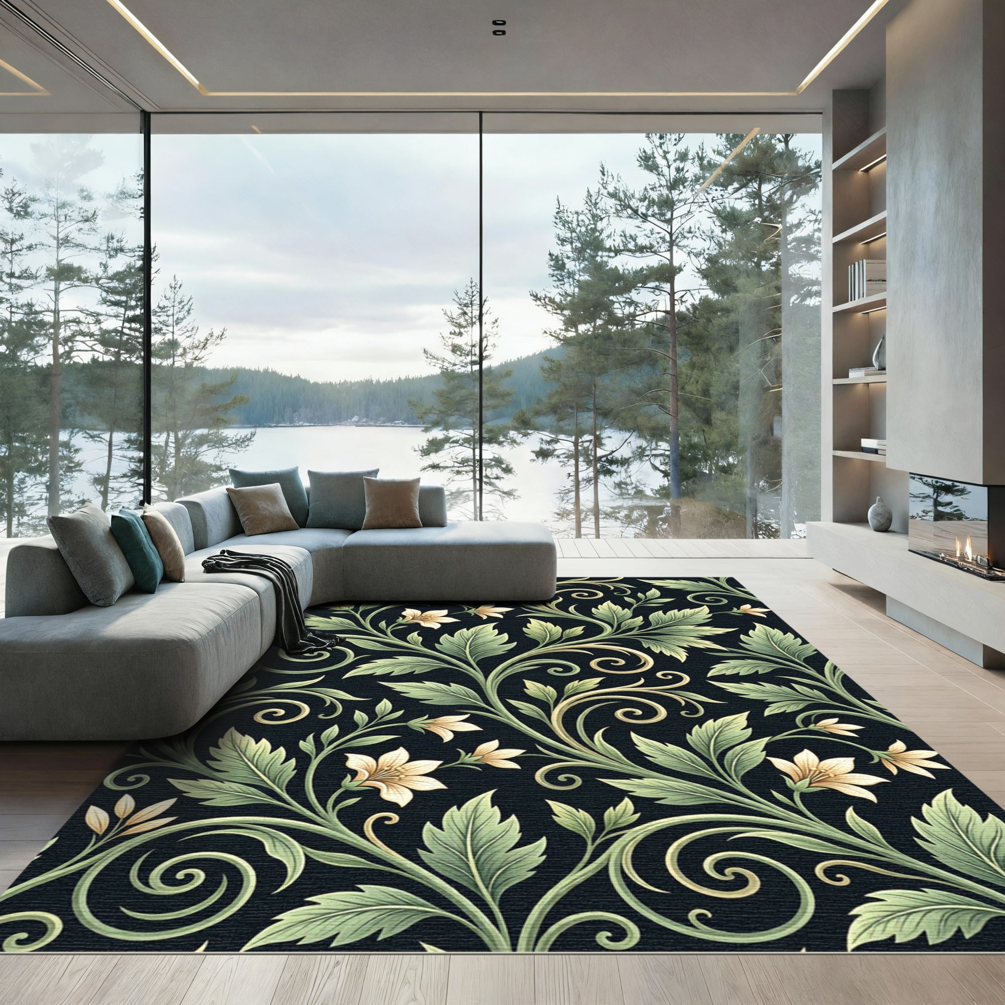 Elegance Sage Cream Floral Scroll Rug