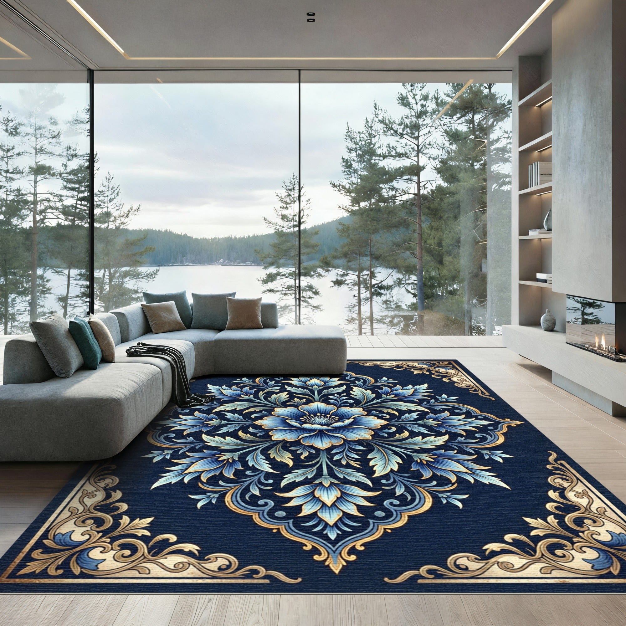 Ornate Blue Golden Bloom Symmetry Rug