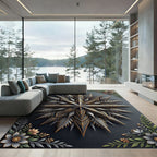 Ornate Black Gold Starburst Mandala Rug