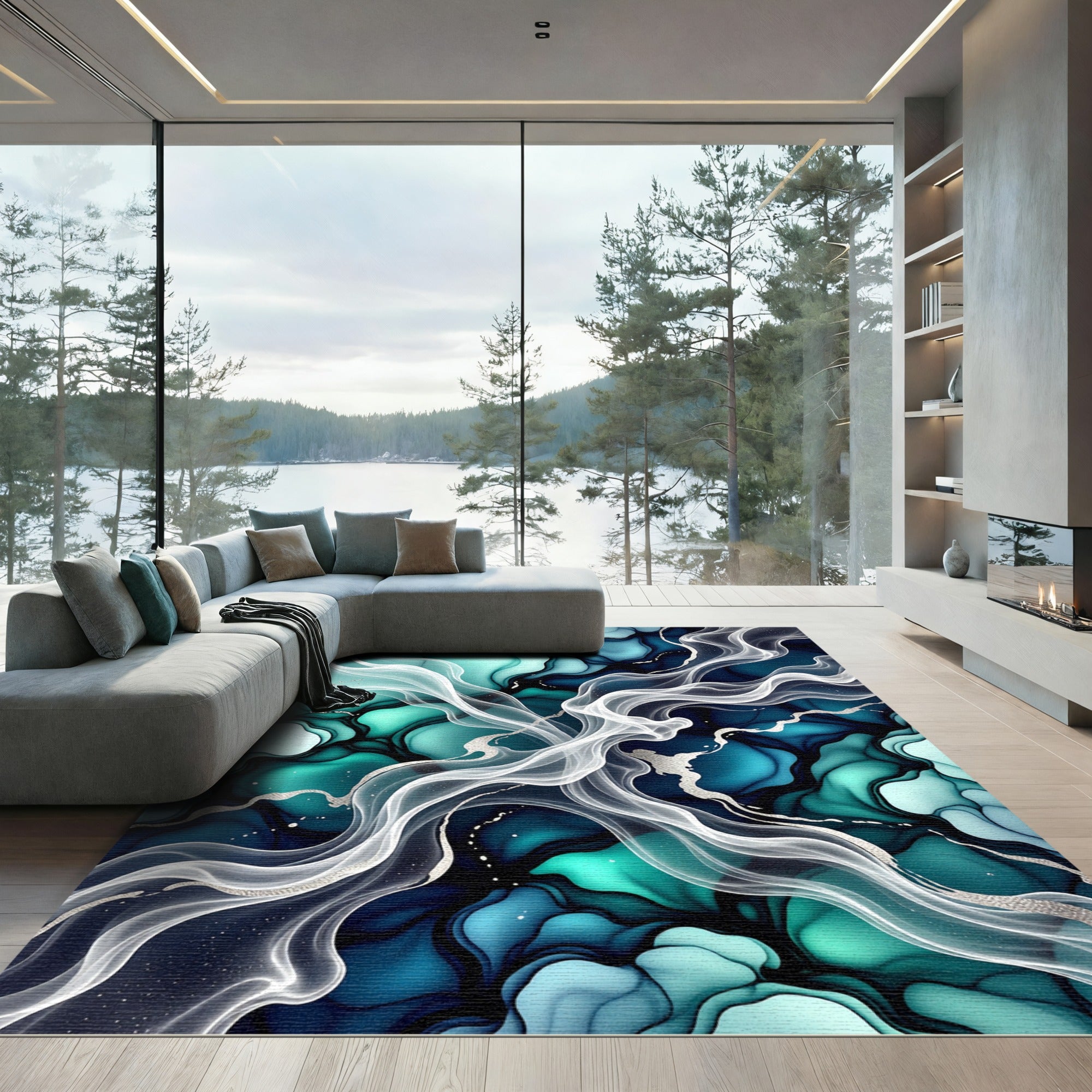 Deep Teal Swirl Abstract Fluid Art Rug