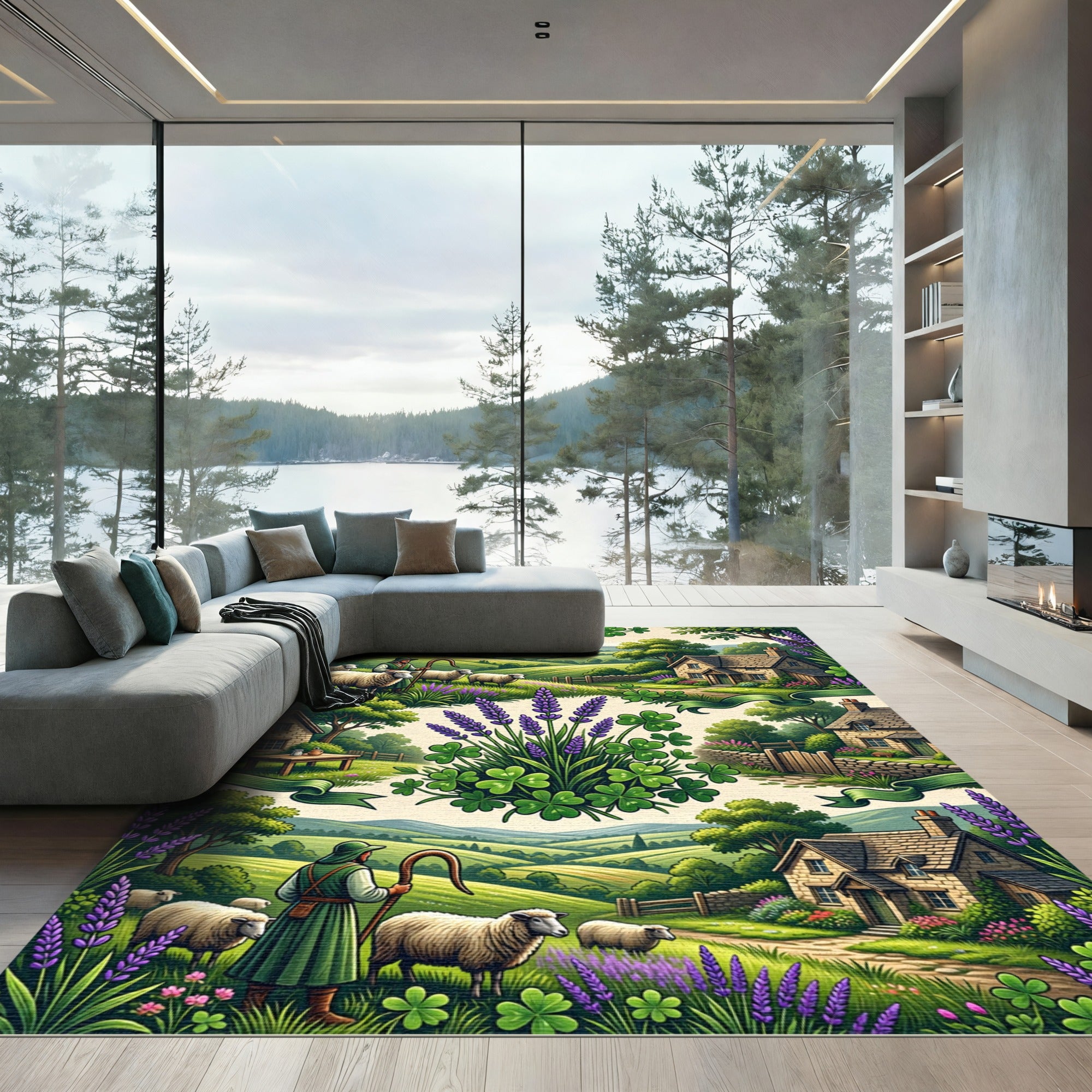 Pastoral Shepherd Sheep Lavender Cottage Scene Rug