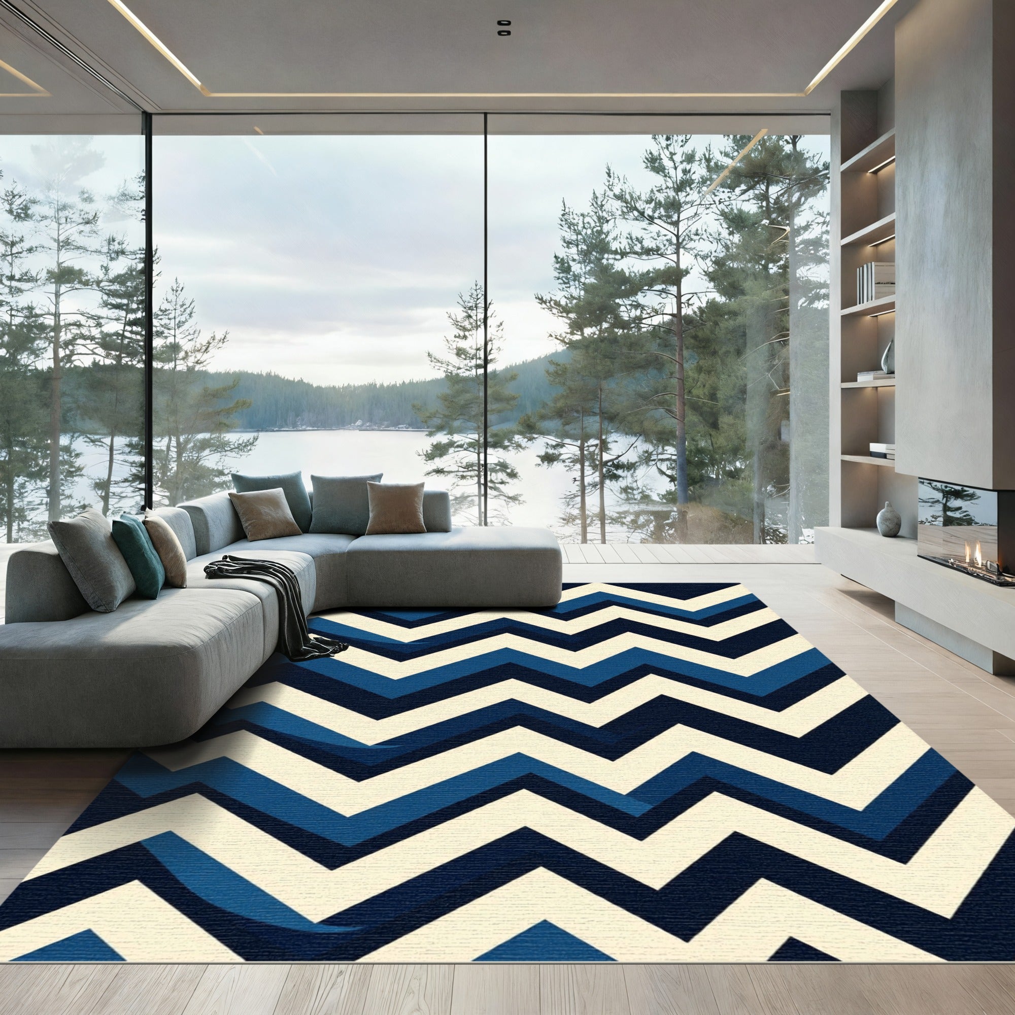 Navy and Cream Chevron Geometric Rug