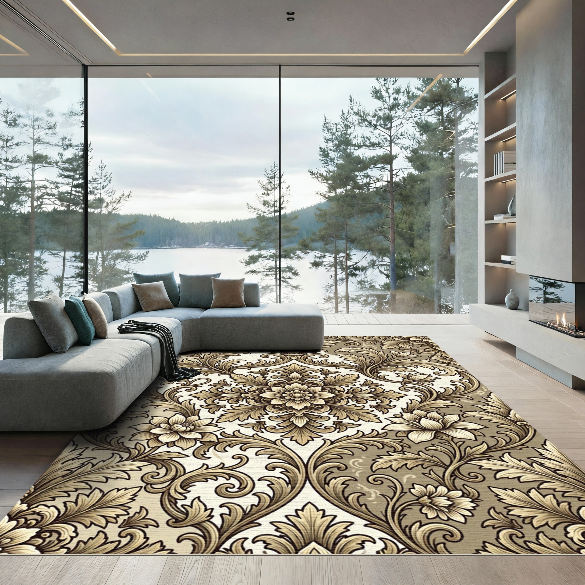 Elegant Cream and Gold Damask Swirl Rug