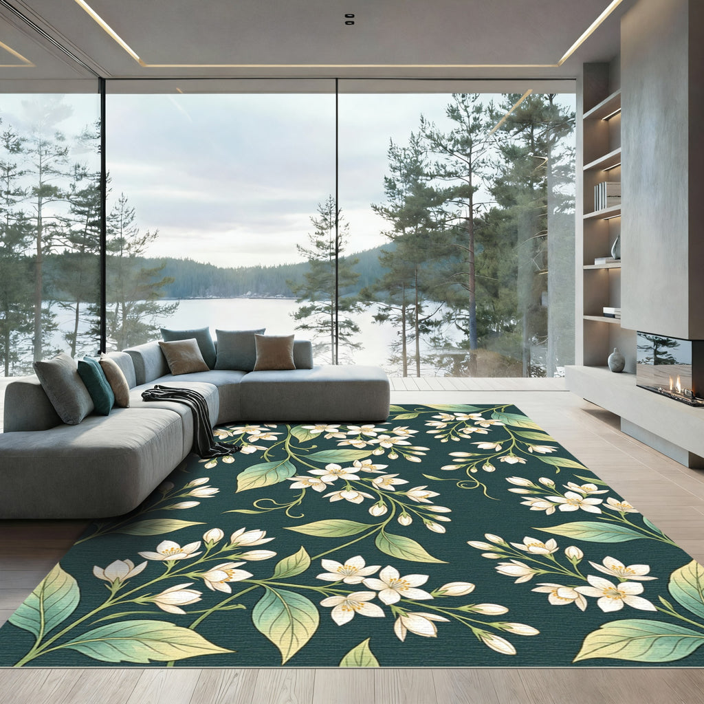 Dark Forest Jasmine Botanical Floral Illustration Rug