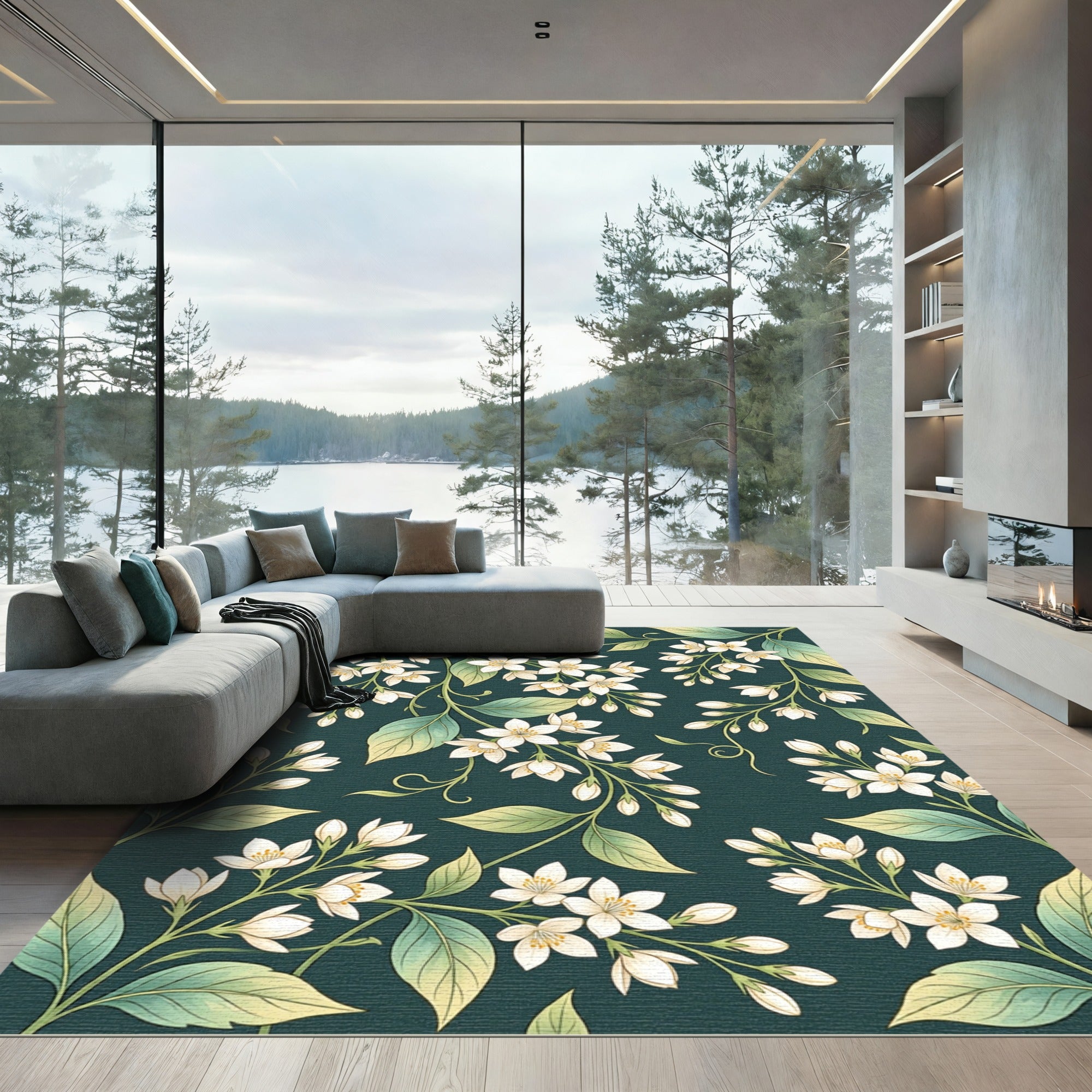 Dark Forest Jasmine Botanical Floral Illustration Rug