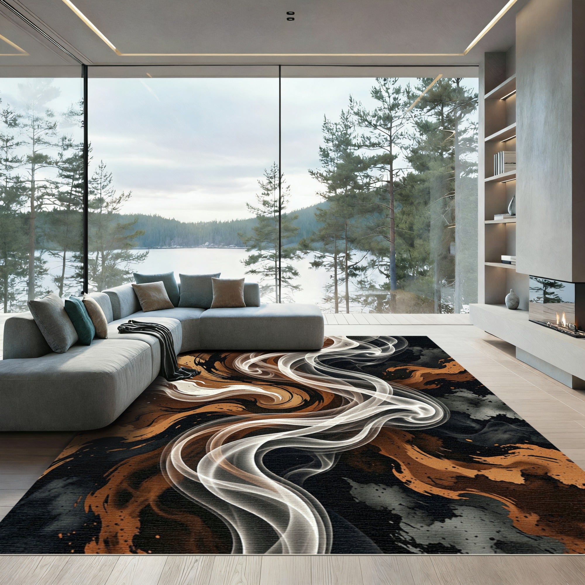 Earthy White Smoke Swirl Abstract Rug