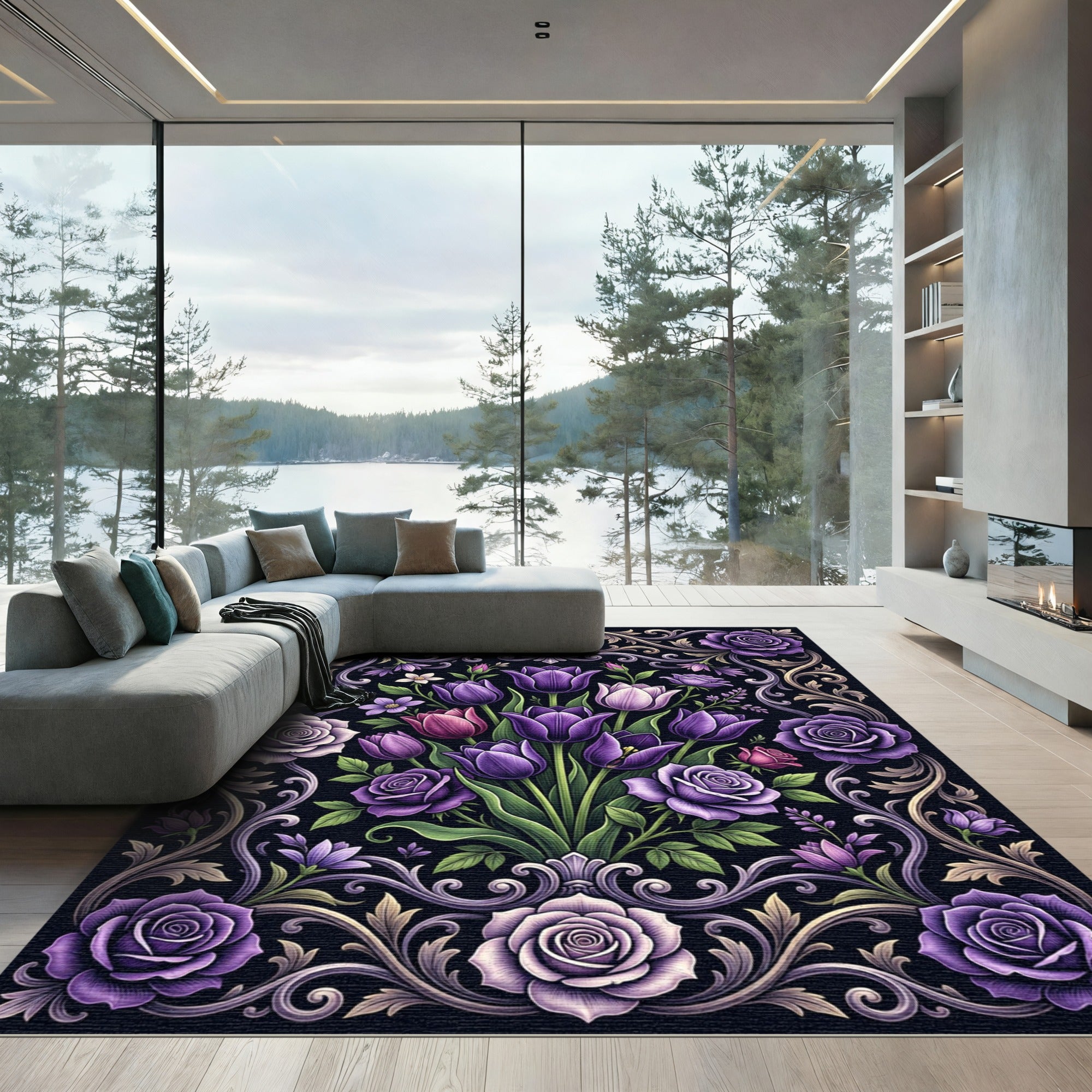 Elegant Regal Purple Floral Rose Bouquet Rug