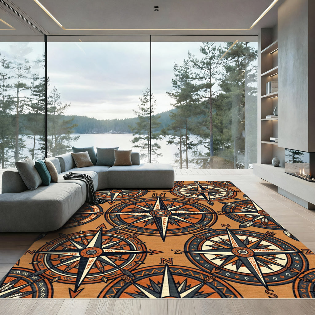 Earthy Compass Nautical Boho Art Rug