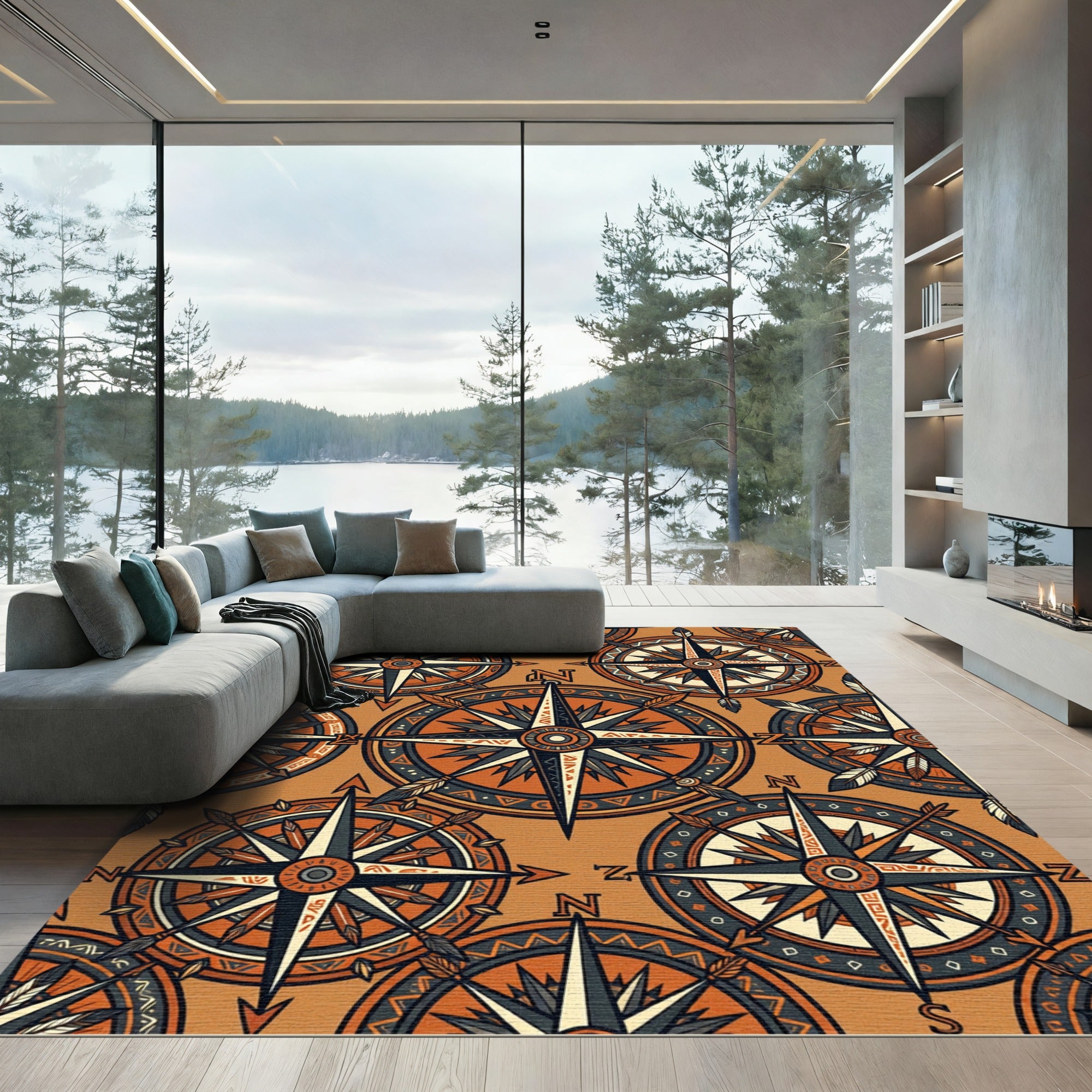 Earthy Compass Nautical Boho Art Rug