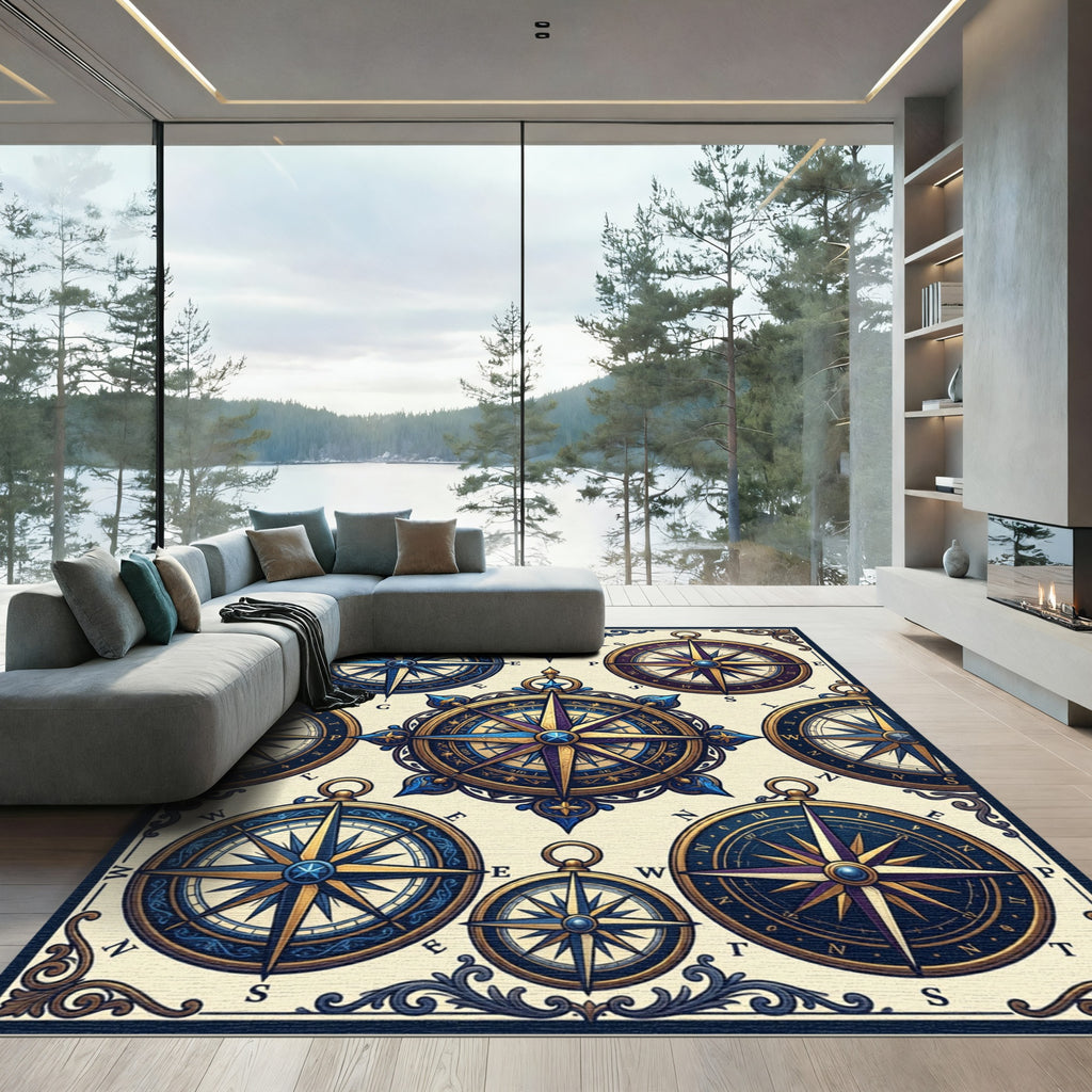 Nautical Blue Gold Compass Collage Rug