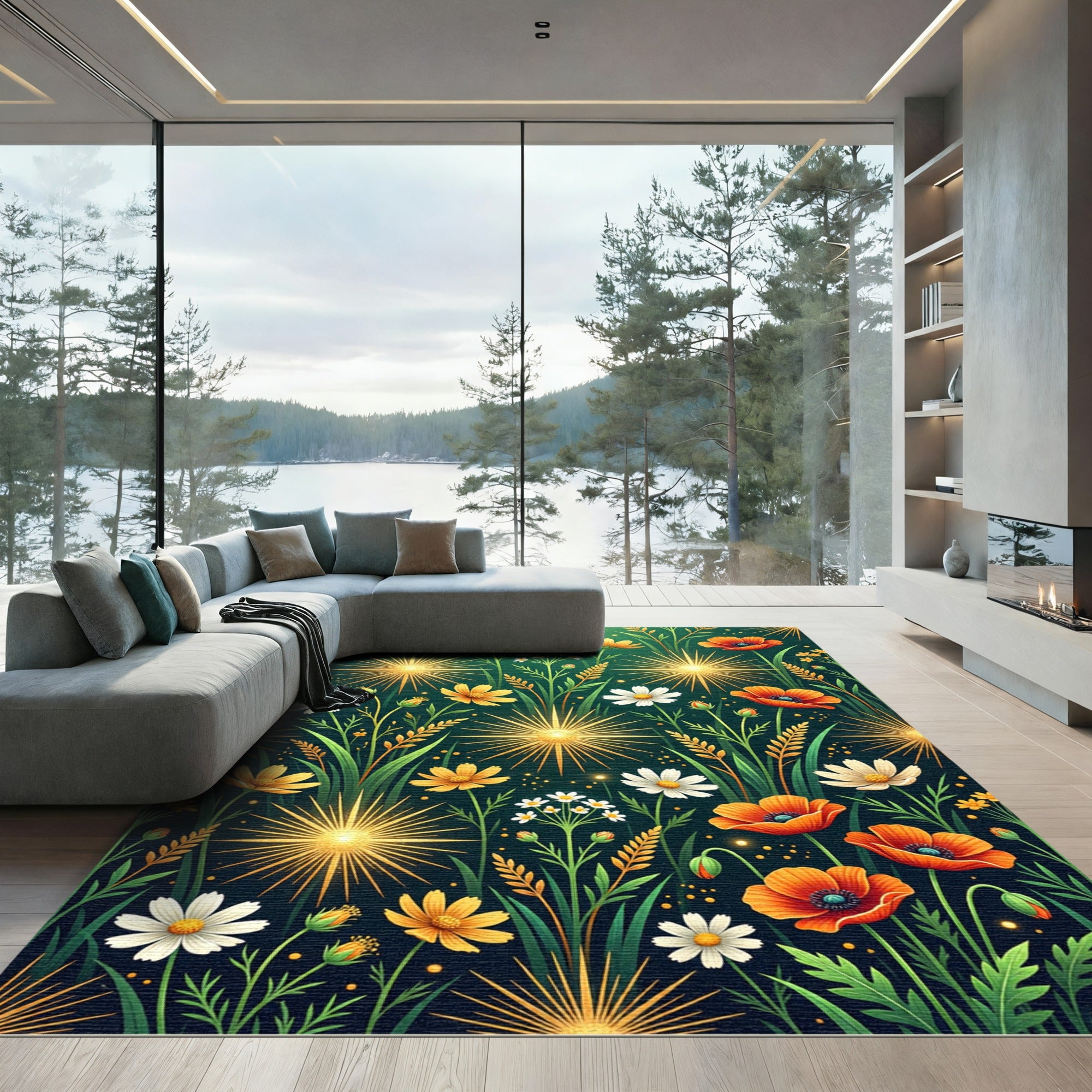 Golden Sunburst Floral Meadow Rug