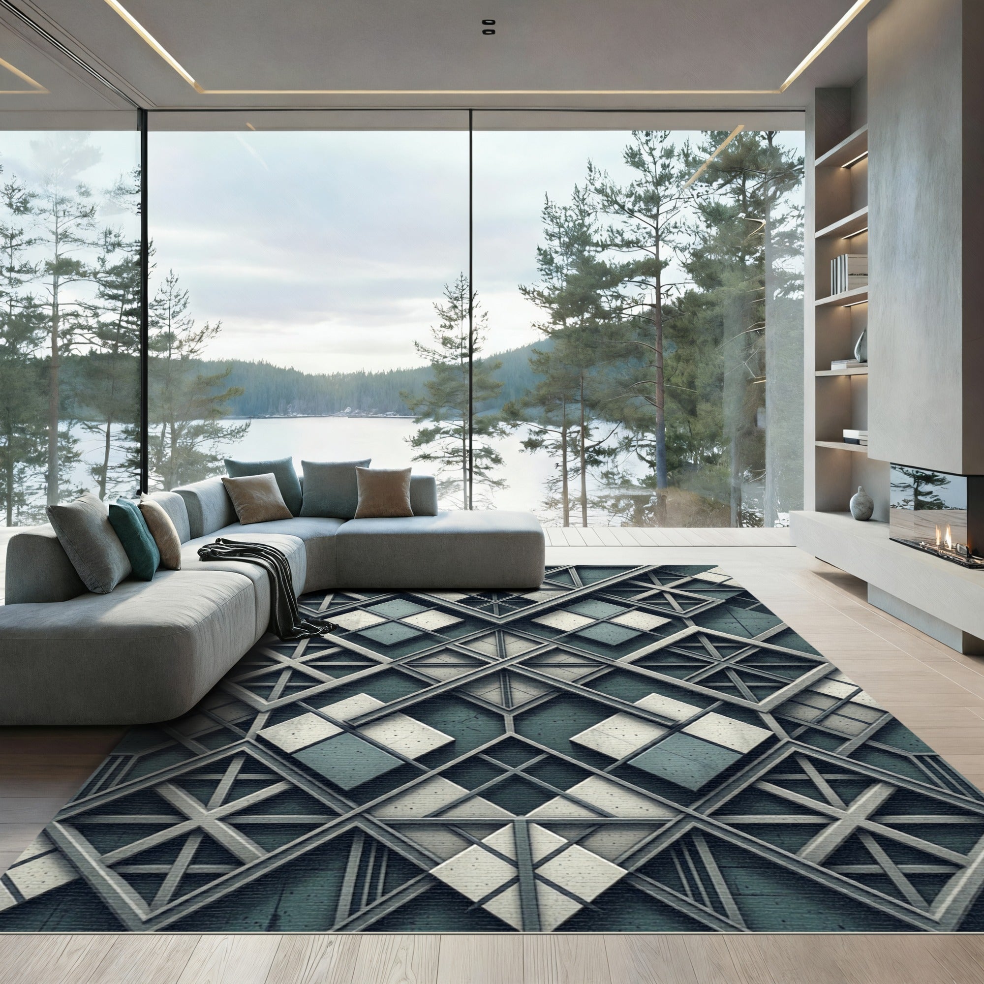 Architectural Slate Teal Geometric Grid Rug
