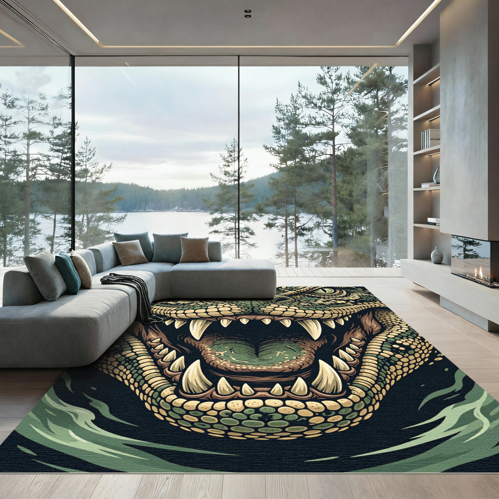 Fierce Green Reptilian Scale Close-up Rug