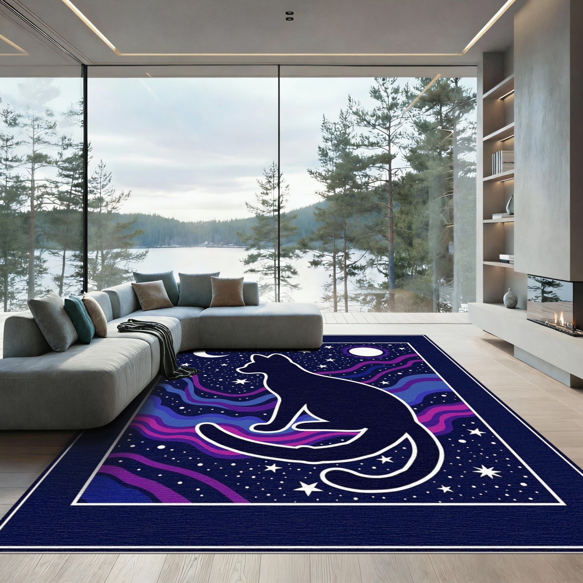 Midnight Cosmic Cat Celestial Waves Rug