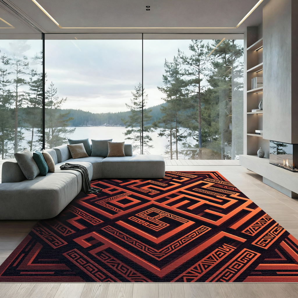 Geometric Burnt Orange Labyrinth Maze Rug