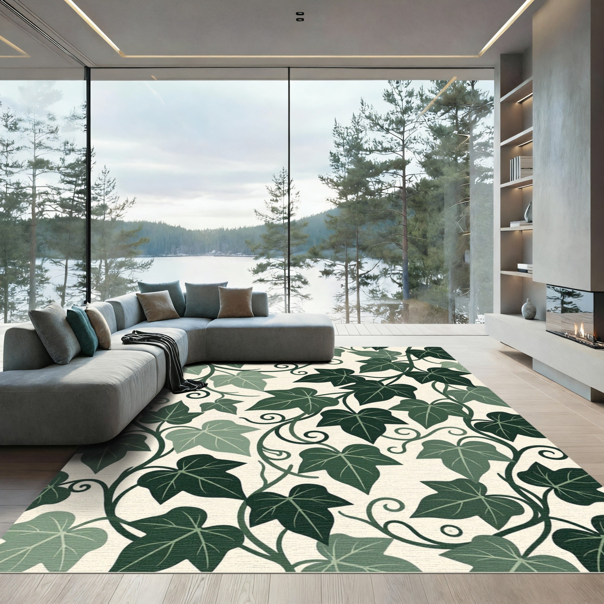 Lush Emerald Ivy Leaf Botanical Scroll Rug