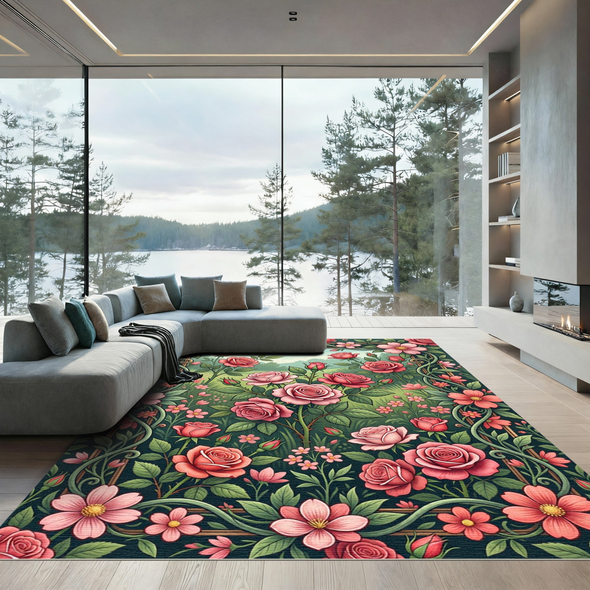 Pink Coral Floral Garden Frame Rug