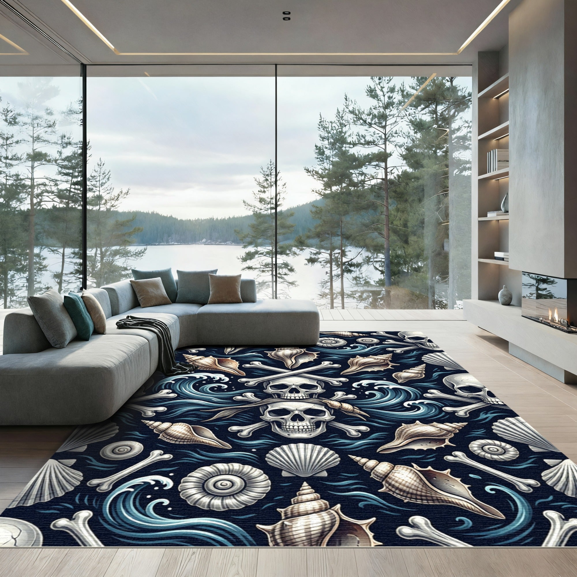 Dark Nautical Skulls Seashells Ocean Wave Rug