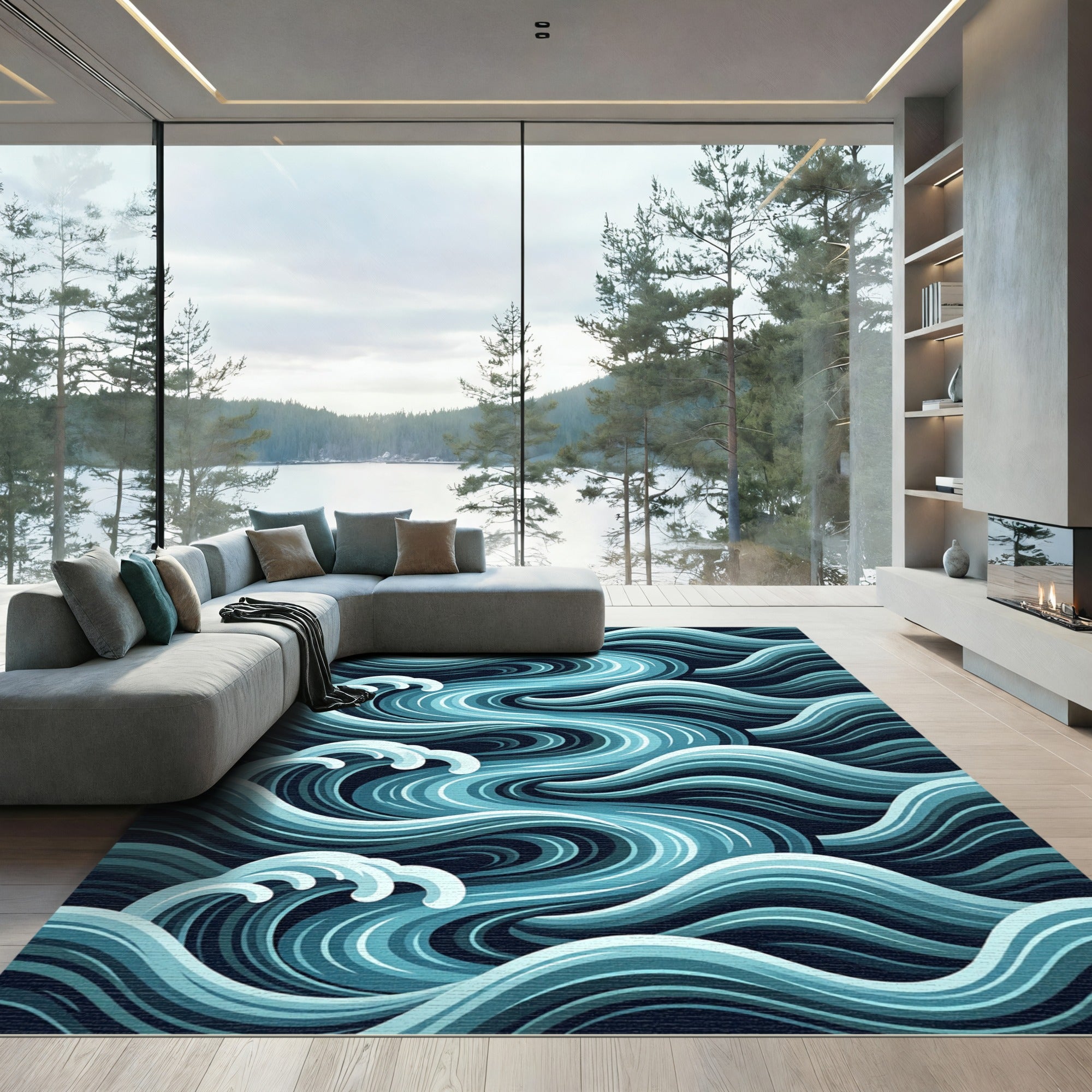 Oceanic Blue Wave Swirl Rug
