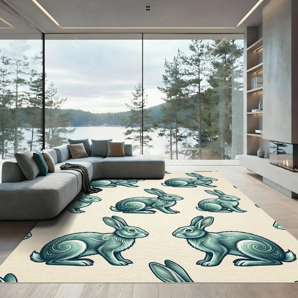 Sage Green Engraved Rabbit Folk Art Rug