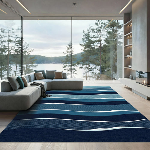 Abstract Deep Blue Layered Ocean Waves Rug