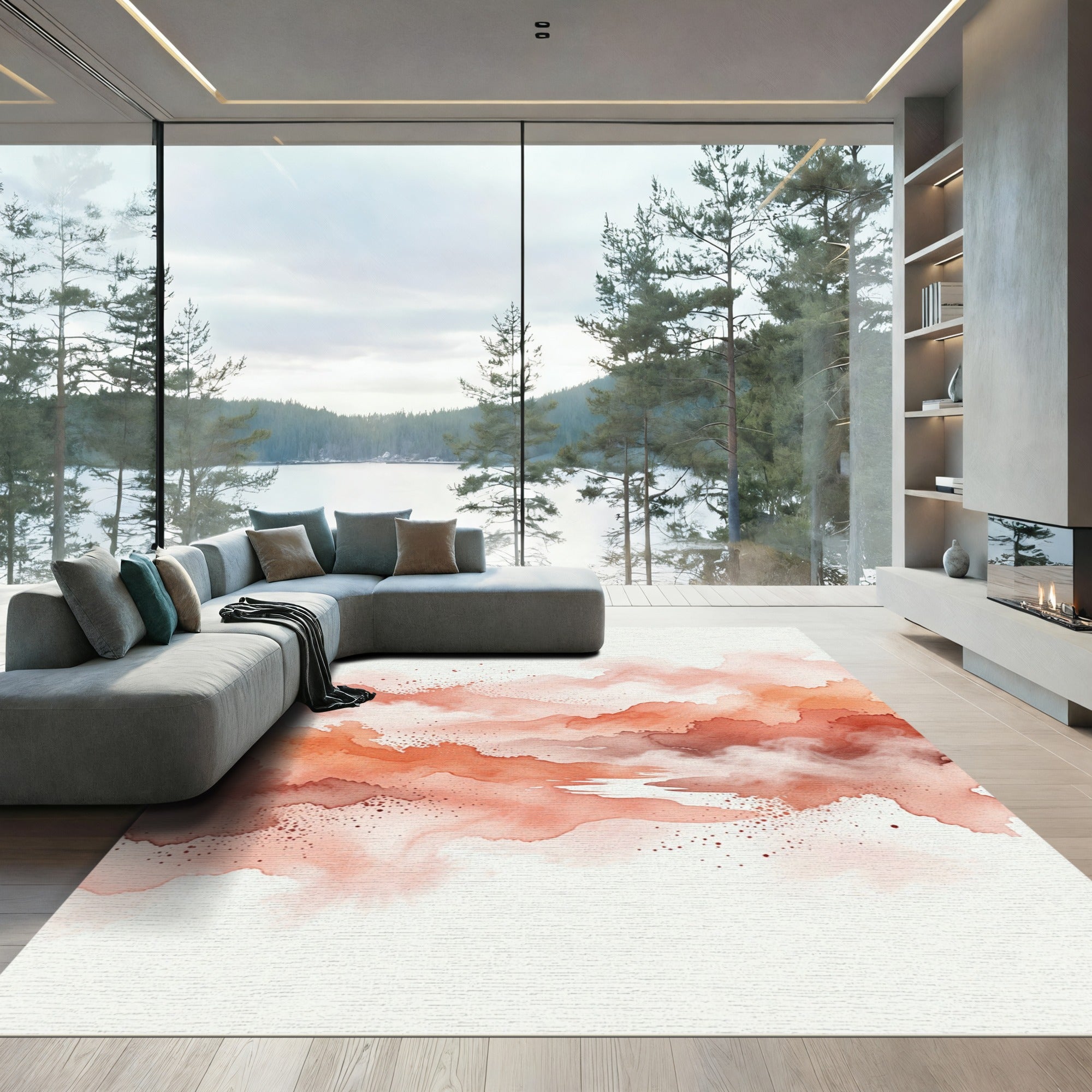 Coral Watercolor Abstract Cloud Wash Rug