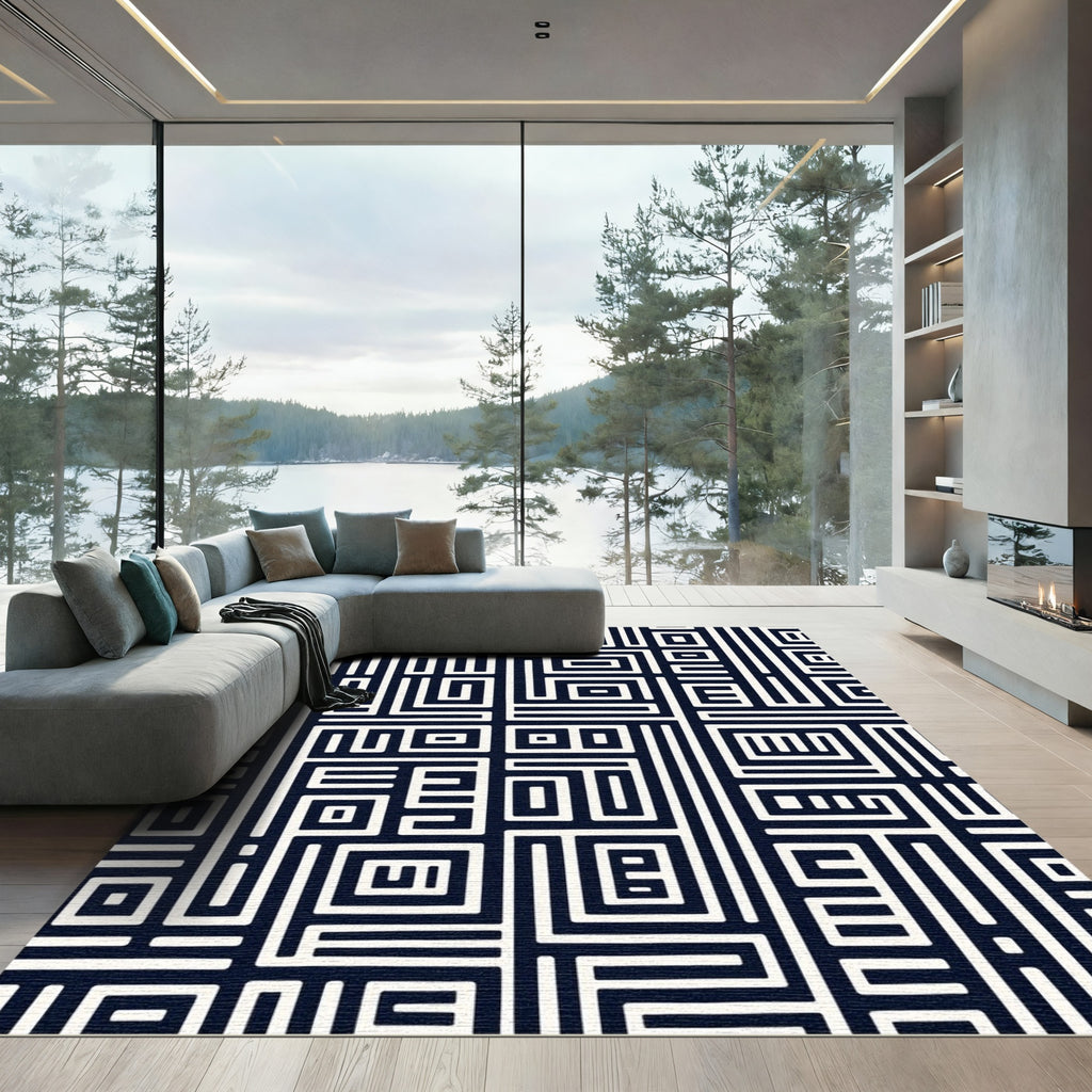 Navy White Geometric Maze Rug