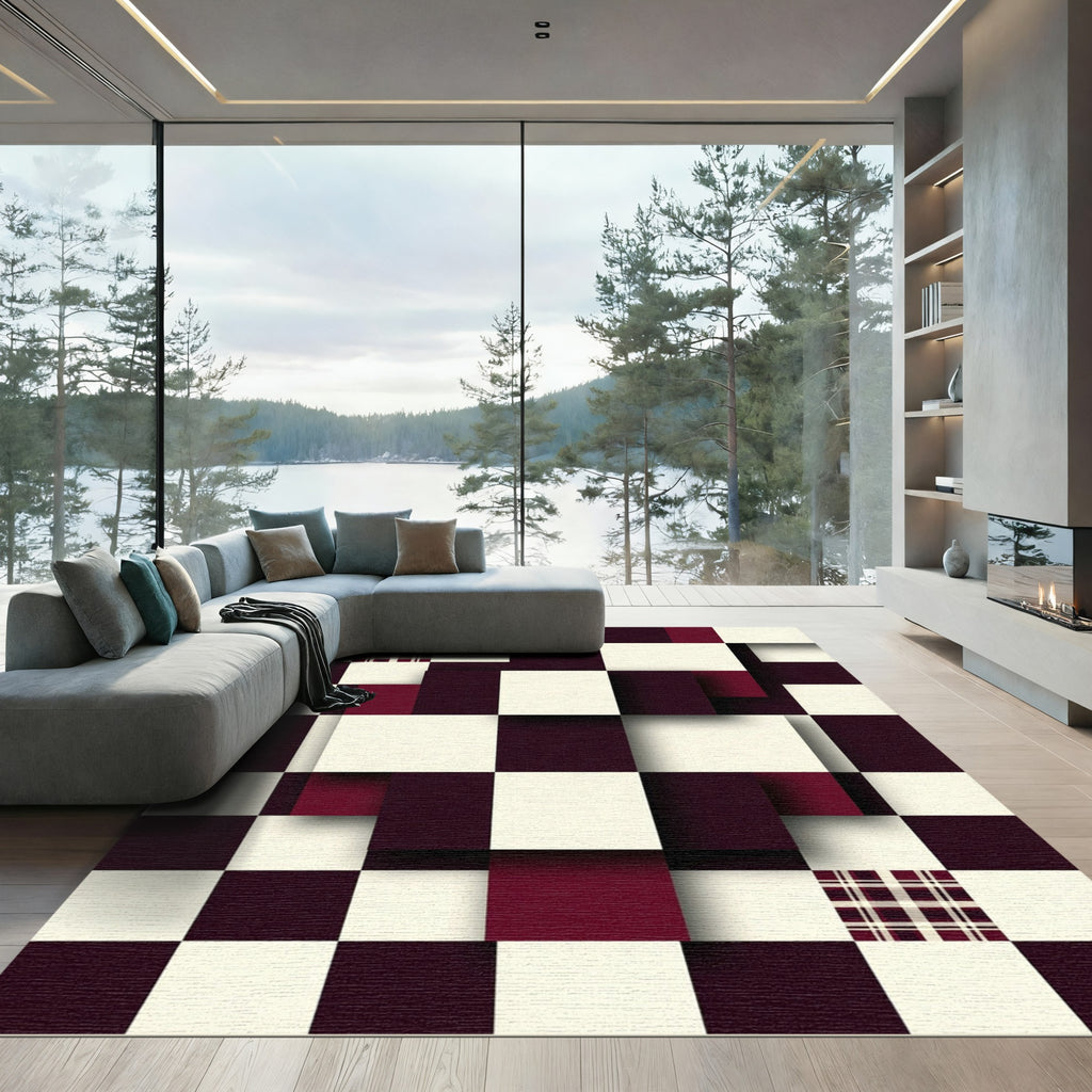 Modern Deep Burgundy Checkered Geometric Block Rug