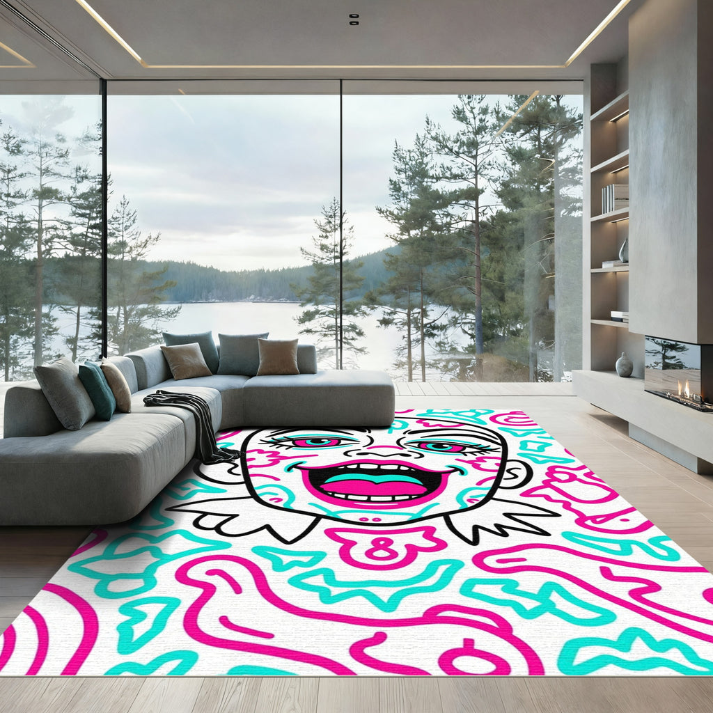 Vibrant Pink Turquoise Abstract Face Rug