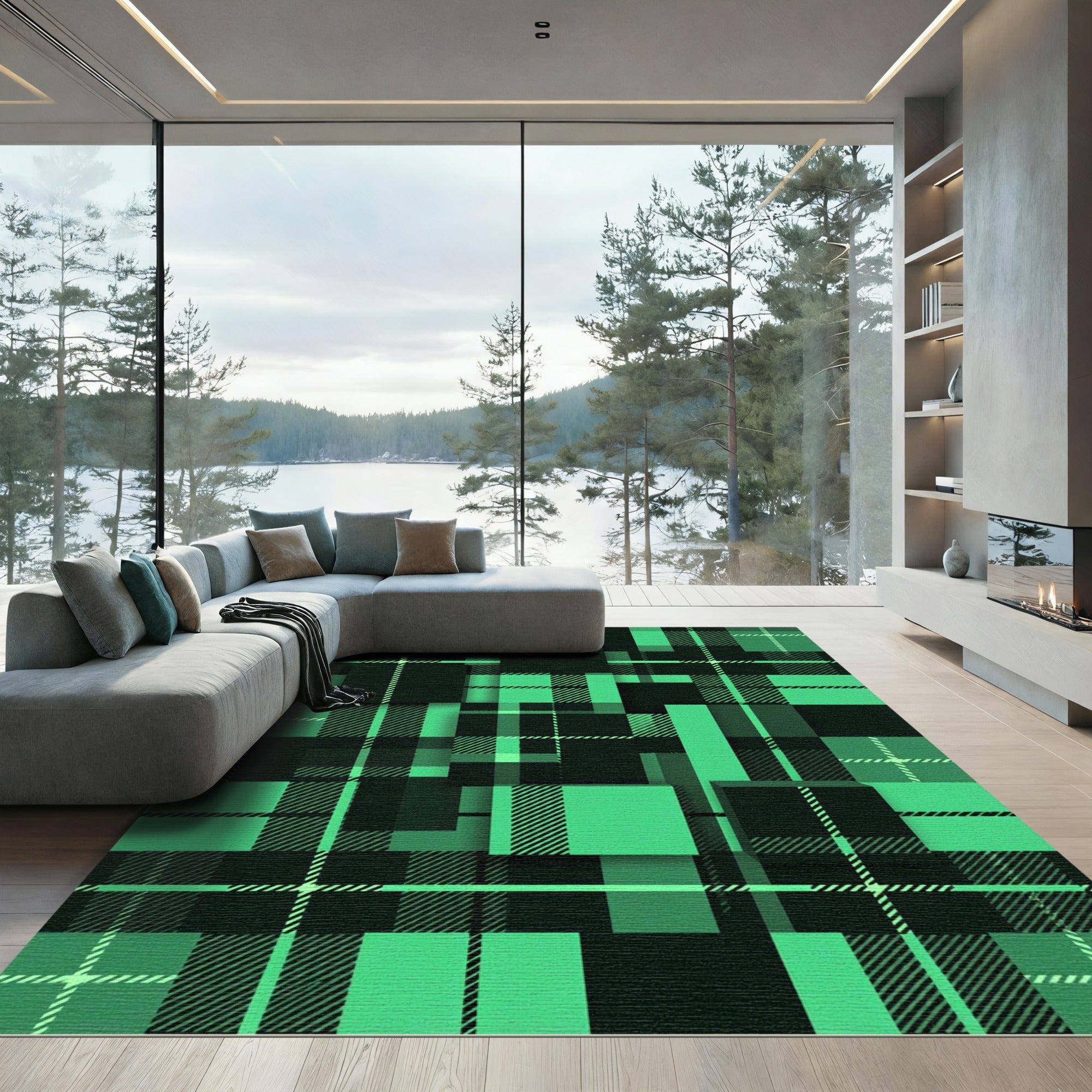 Geometric Emerald Grid Plaid Rug