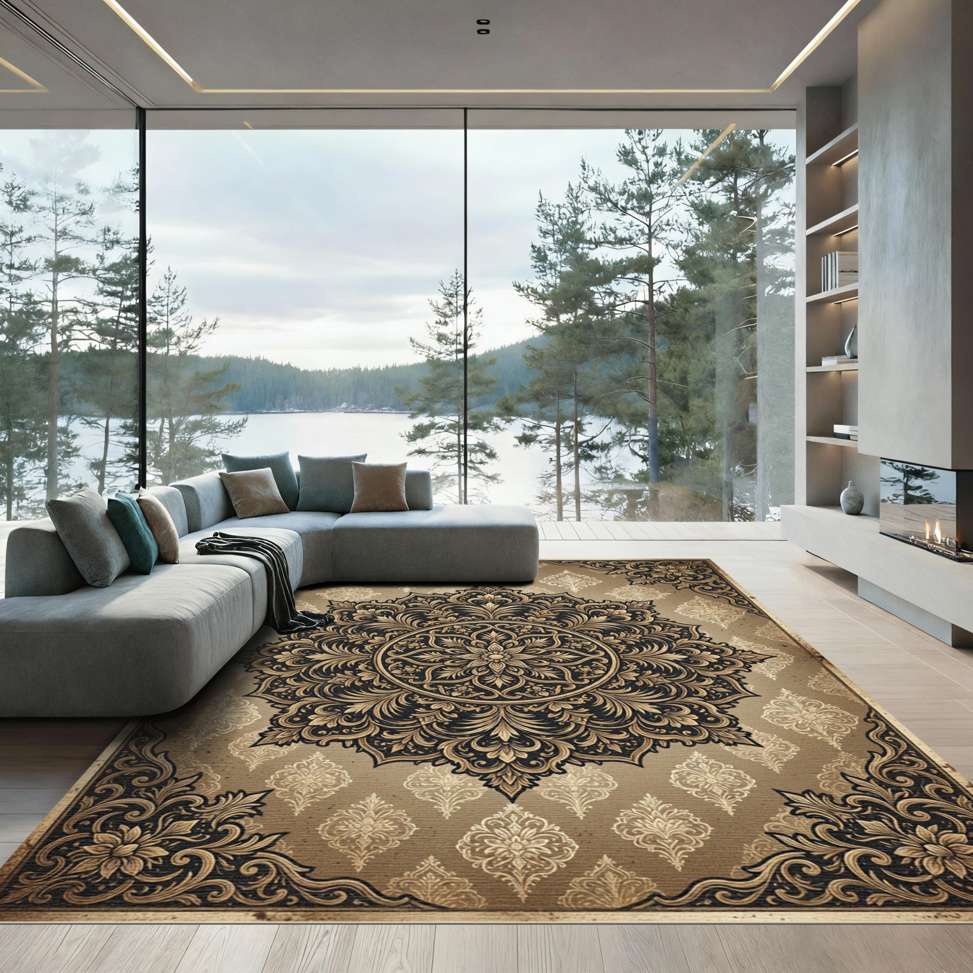 Ornate Gold Floral Medallion Scroll Rug