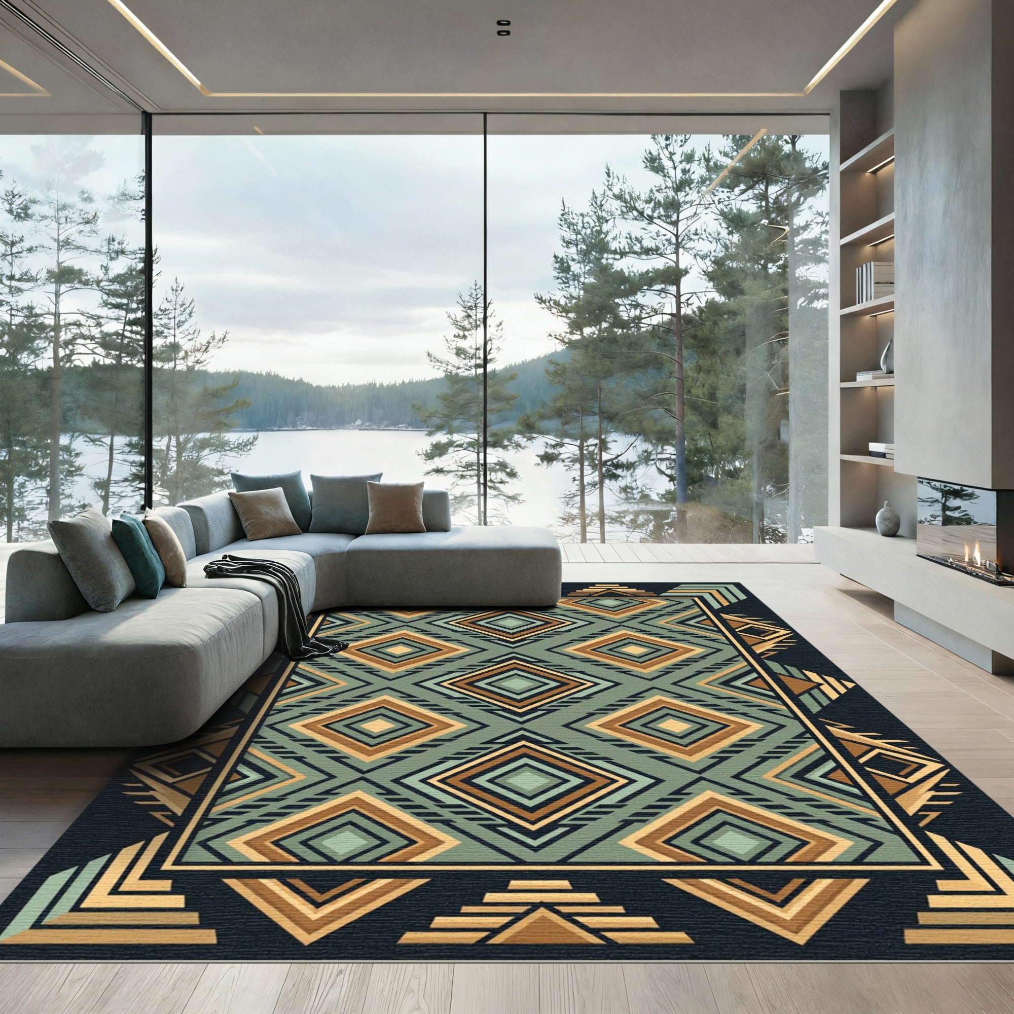 Geometric Teal and Gold Diamond Rug