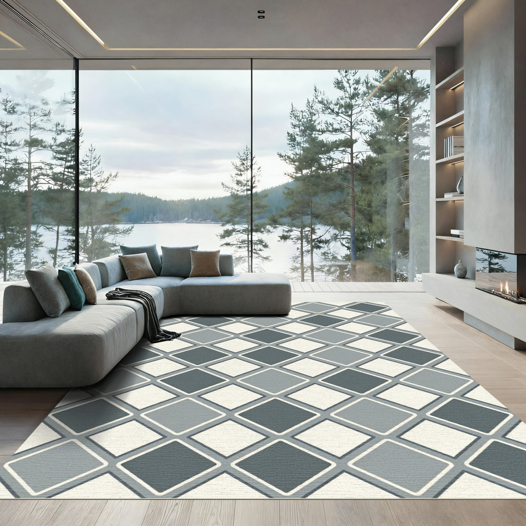 Modern Gray Diamond Grid Geometric Rug