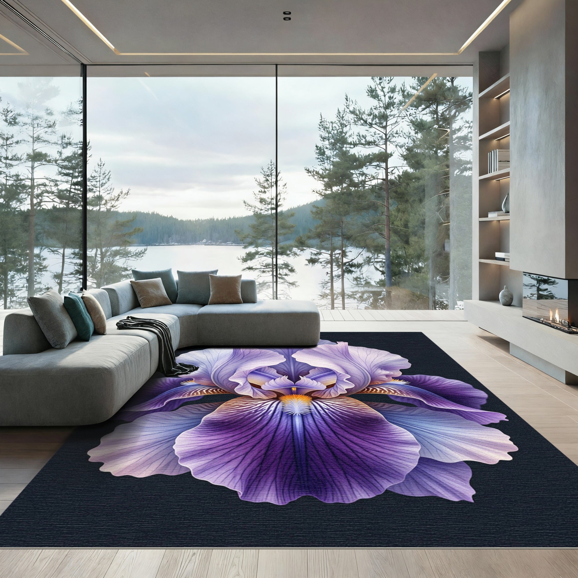 Majestic Purple Iris Floral Bloom Rug