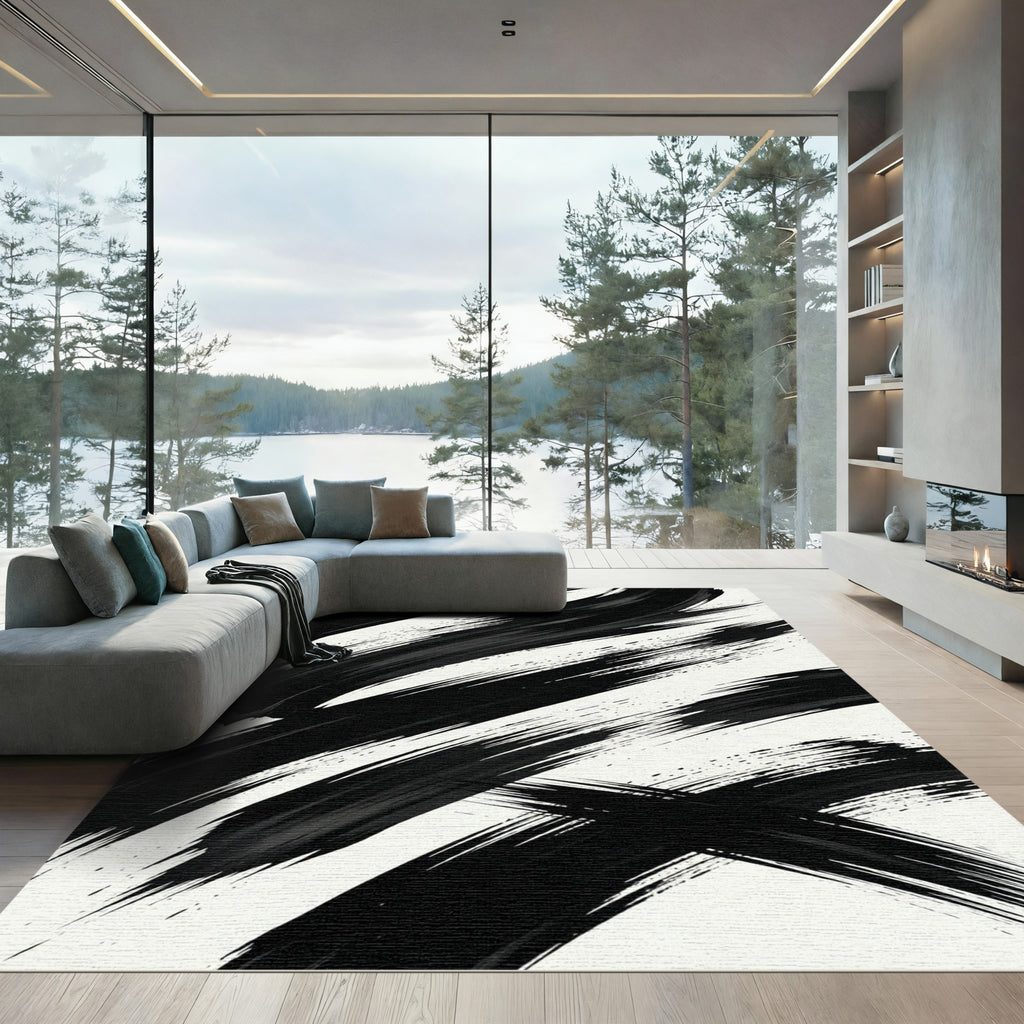Bold Black Abstract Ink Brush Stroke Rug