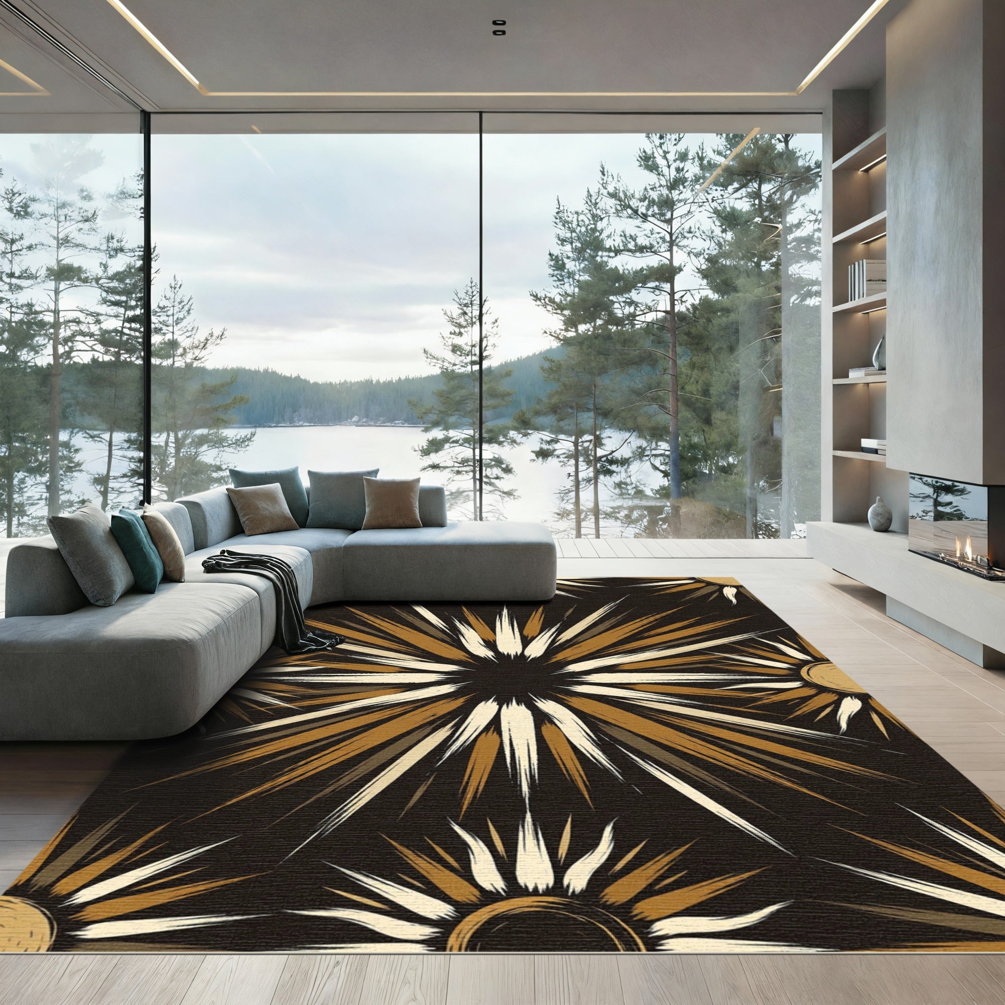 Golden Radiant Sunburst Pattern Rug