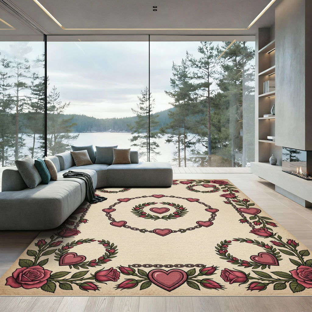 Crimson Rose Heart Chain Border Rug