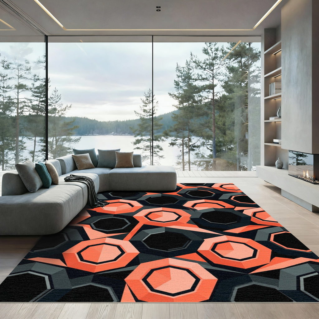 Geometric Hexagon Coral and Charcoal Tile Rug