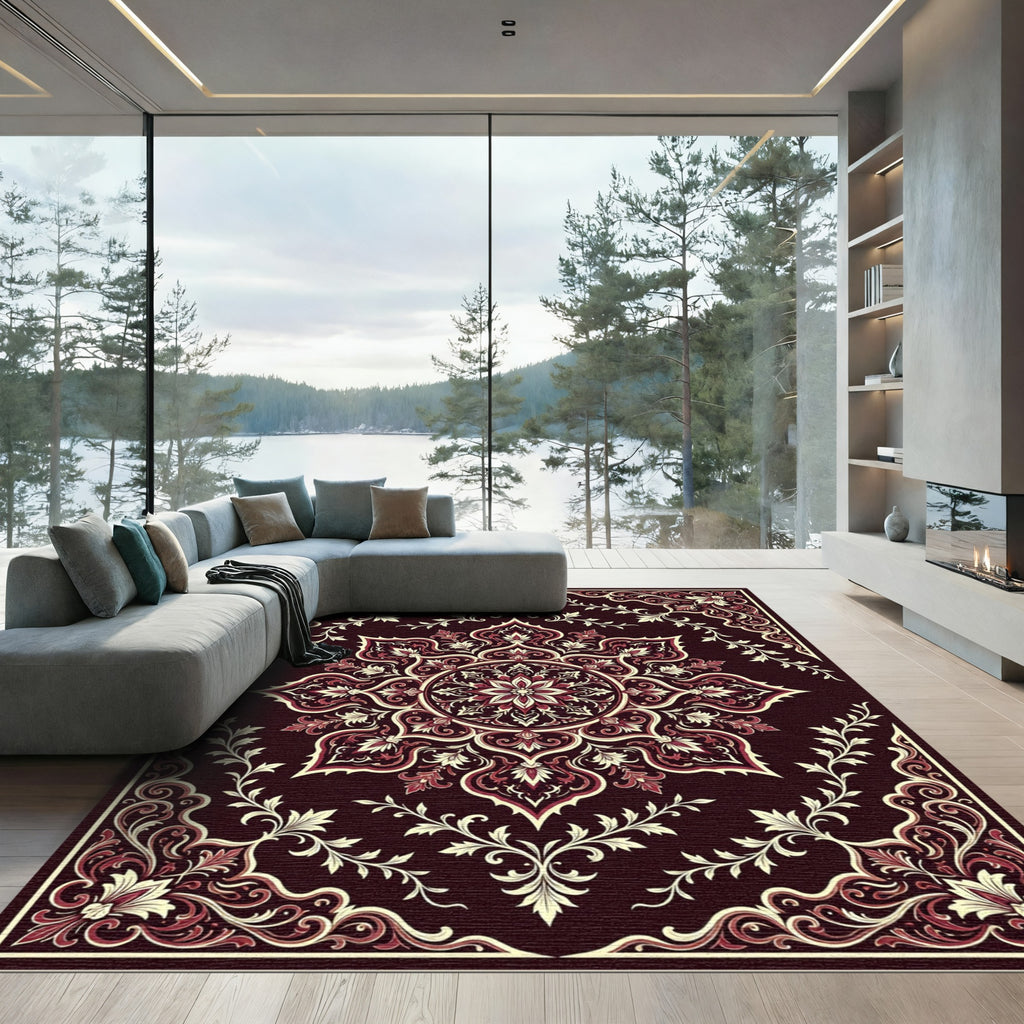 Dark Burgundy Floral Medallion Scroll Rug
